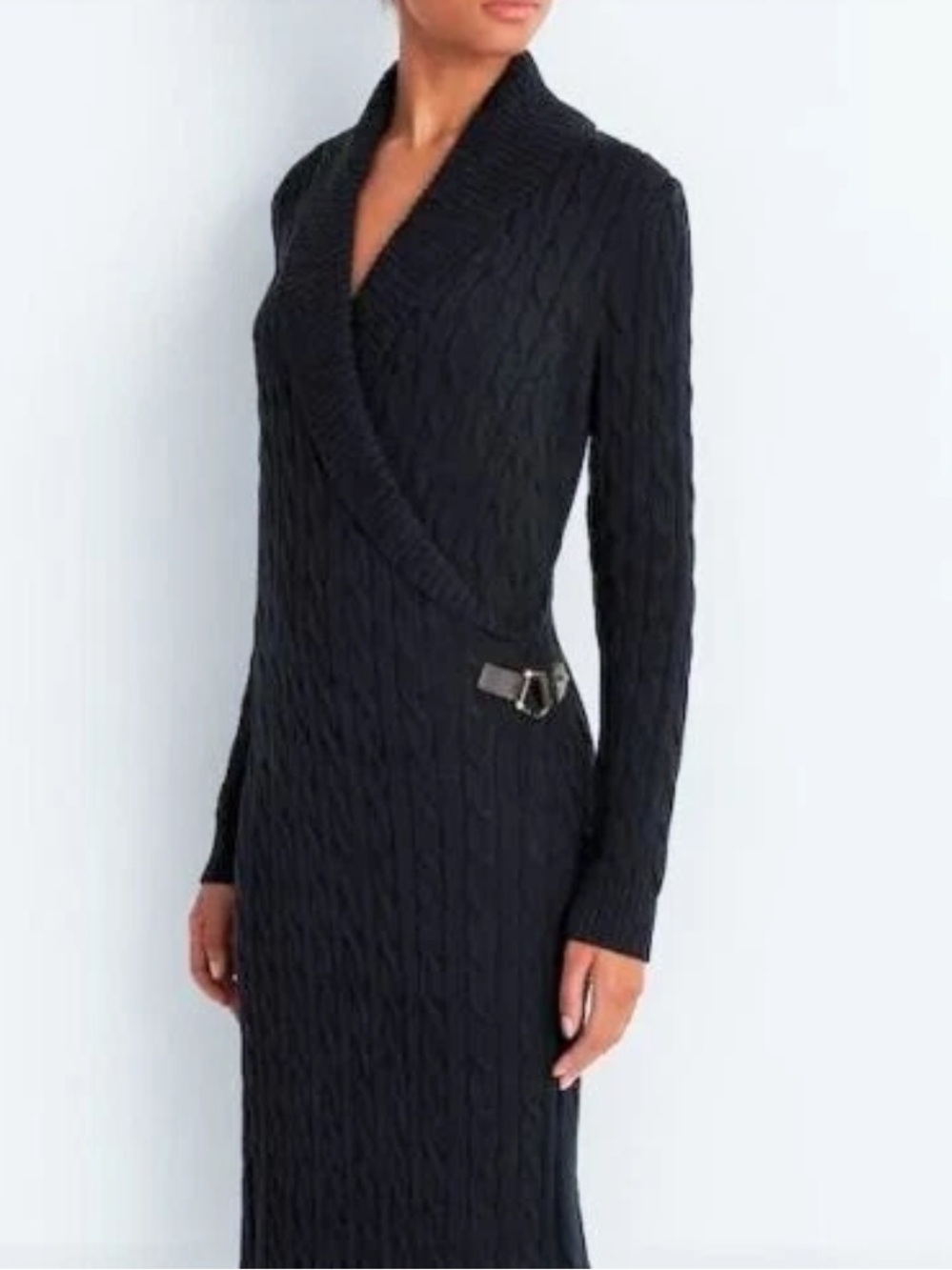 Lauren Ralph Lauren Black Cable Knit Shawl Collar Sweater Dress Size S - Picture 12 of 13